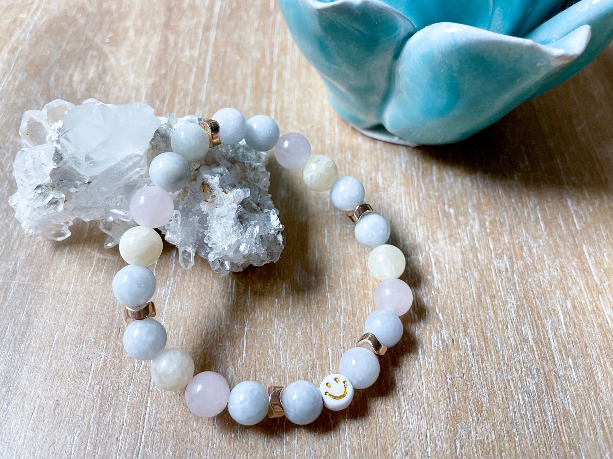 Aquamarine, Burmese Jade, Rose Quartz, Yellow Calcite Smiley Beaded Bracelet || Reiki Infused