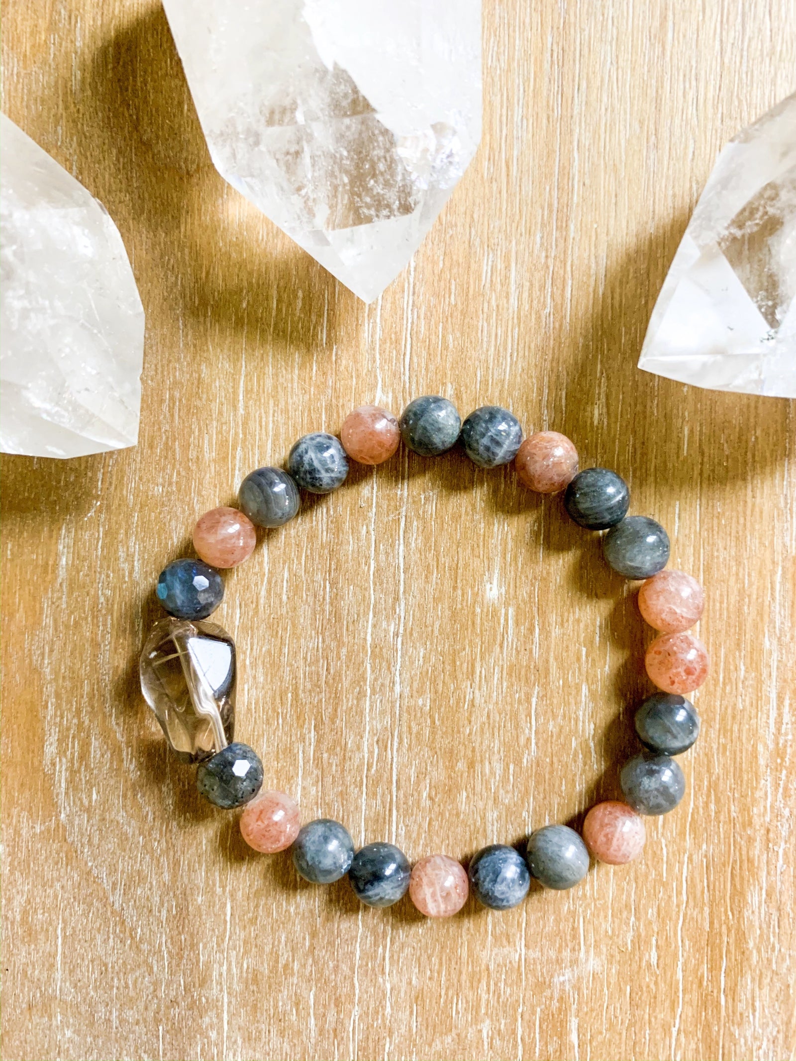 Smoky Quartz, Labradorite, Black Moonstone, Sunstone Beaded Bracelet || Reiki Infused