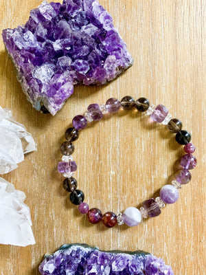 Super 7, Amethyst, Smoky Quartz, & Lepidolite Beaded Bracelet || Reiki Infused