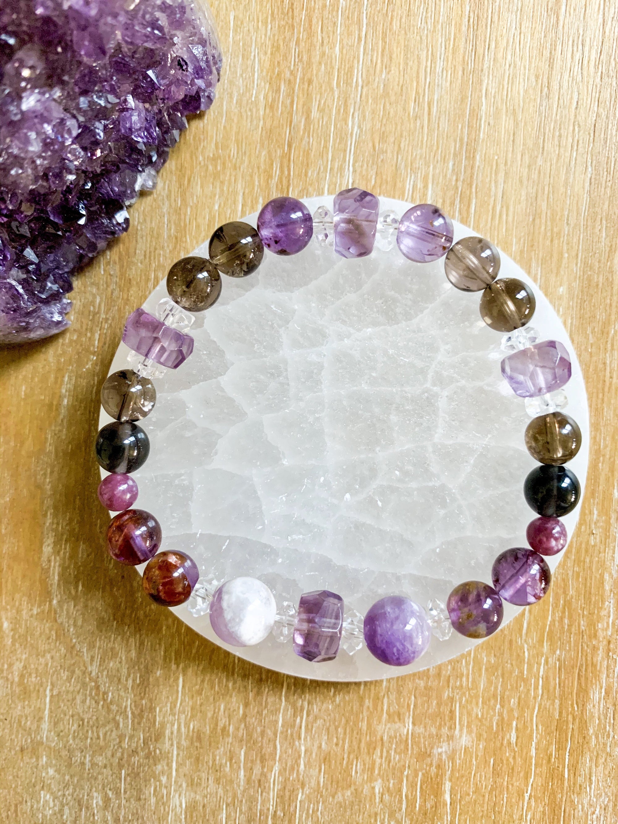 Super 7, Amethyst, Smoky Quartz, & Lepidolite Beaded Bracelet || Reiki Infused