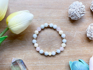 Aquamarine, Burmese Jade, Rose Quartz, Yellow Calcite Smiley Beaded Bracelet || Reiki Infused