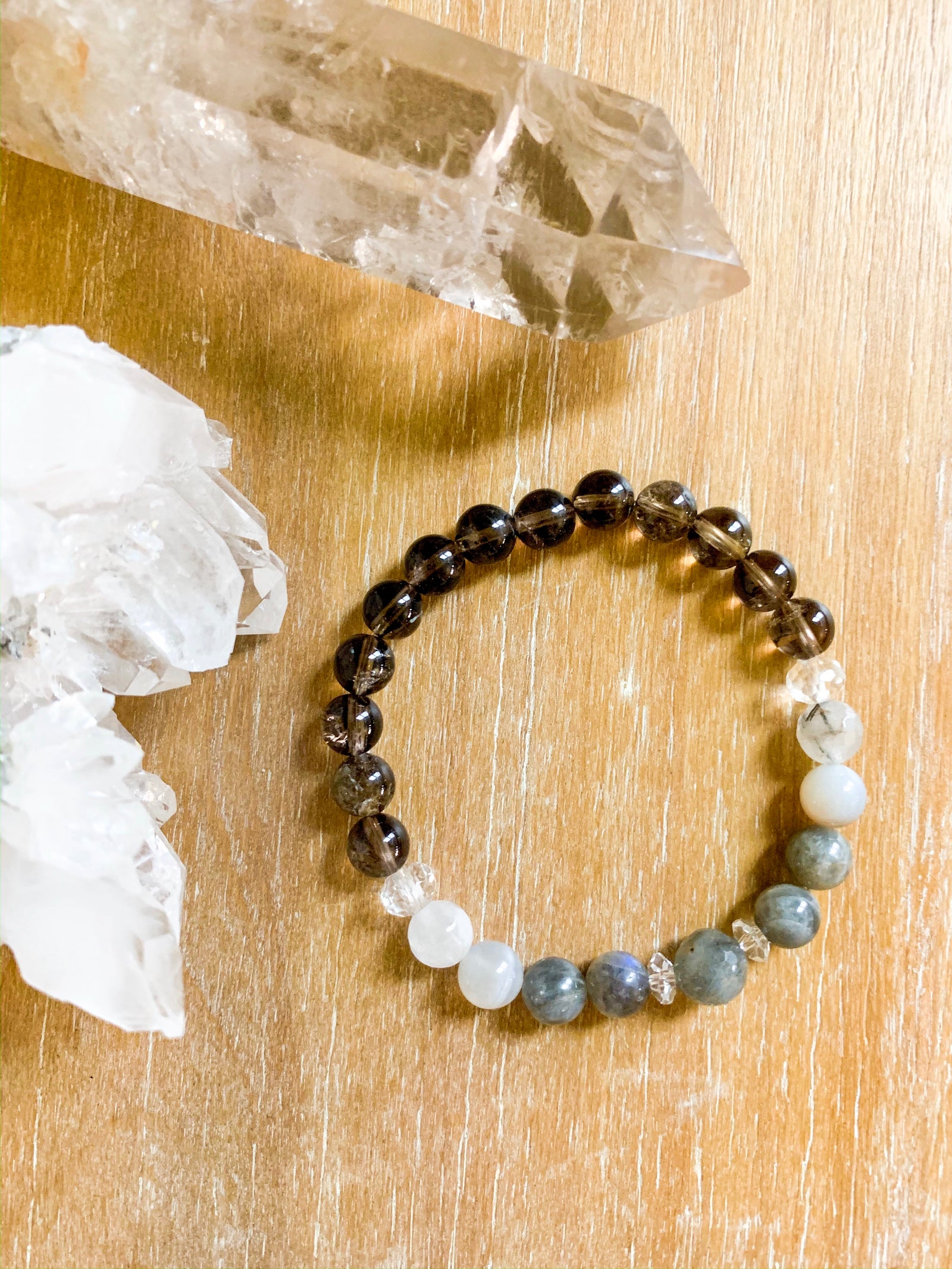 Smoky Quartz, Tourmalinated Quartz, Clear Quartz, Labradorite & Gray Agate Beaded Bracelet || Reiki Infused