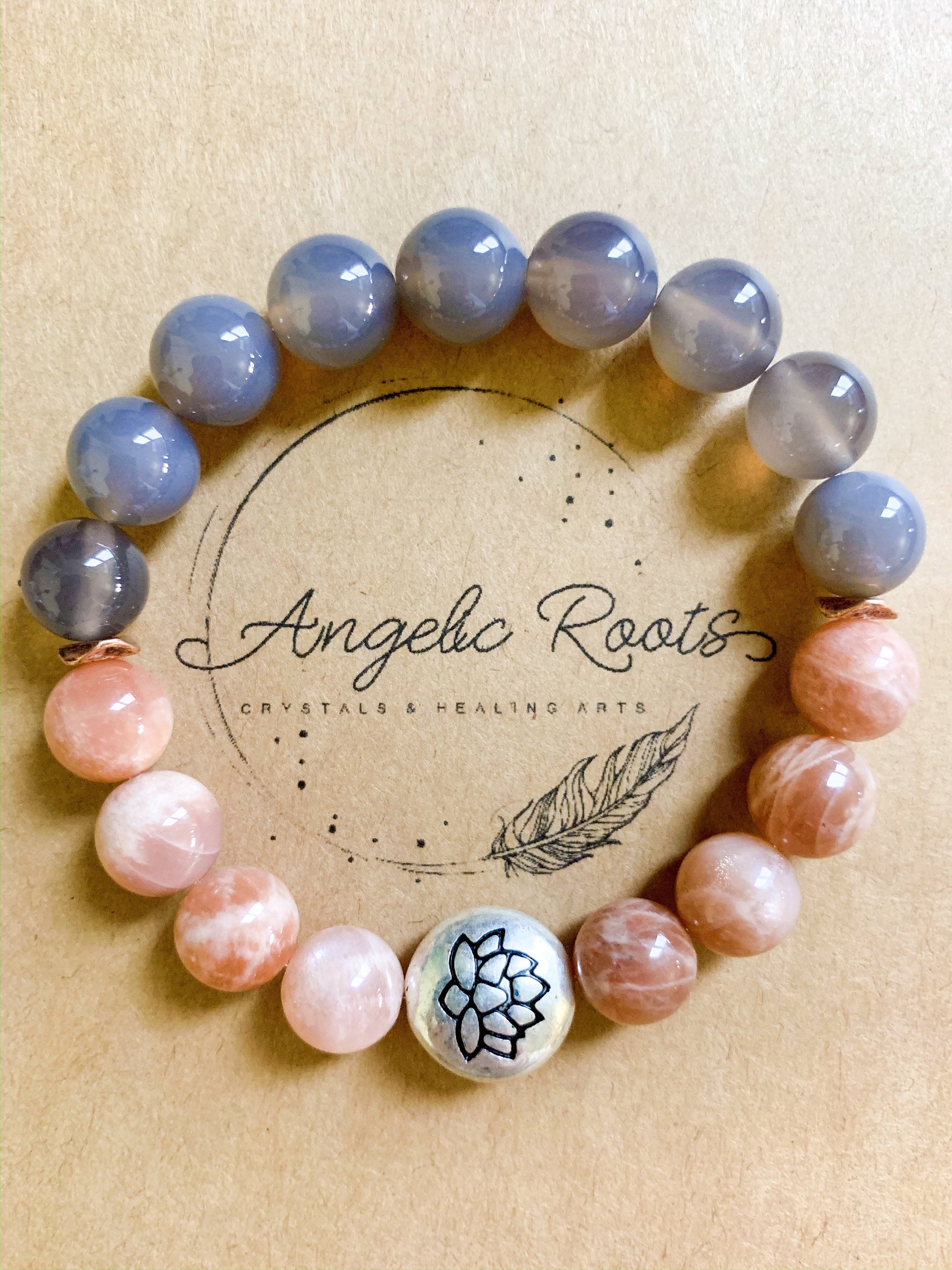 Gray Agate & Peach Moonstone 10mm Beaded Bracelet || Reiki Infused