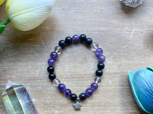 Amethyst, Blue Sandstone & Clear Quartz Beaded Bracelet || Reiki Infused