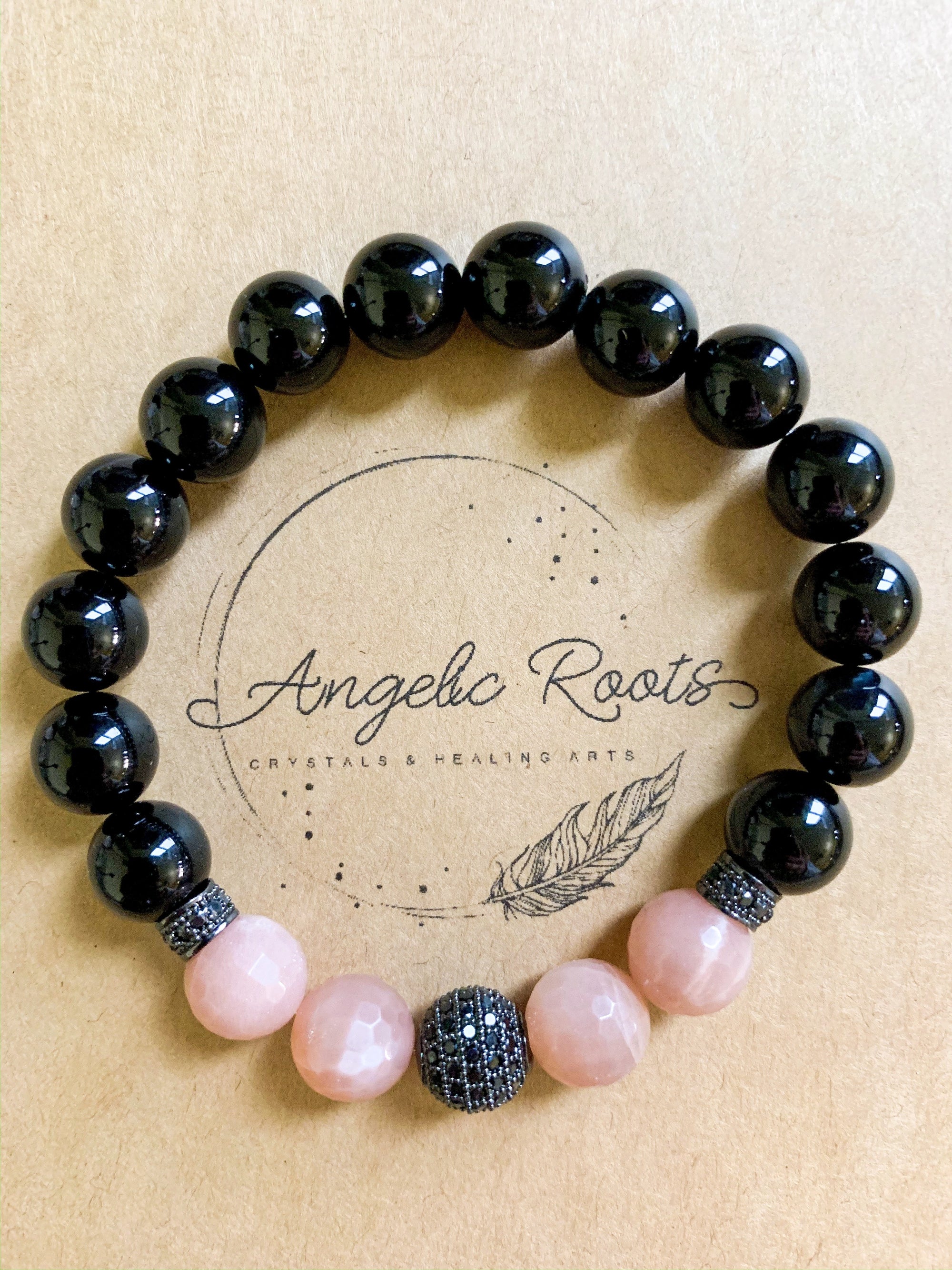 Peach Moonstone, Onyx & Mico Pave 10mm Beaded Bracelet || Reiki Infused