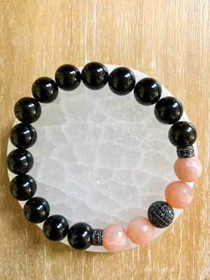 Peach Moonstone, Onyx & Mico Pave 10mm Beaded Bracelet || Reiki Infused