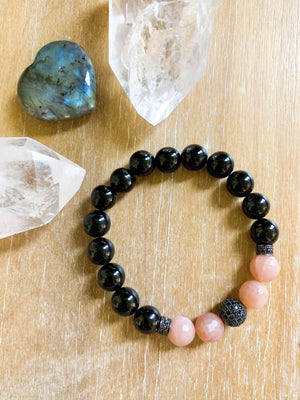 Peach Moonstone, Onyx & Mico Pave 10mm Beaded Bracelet || Reiki Infused