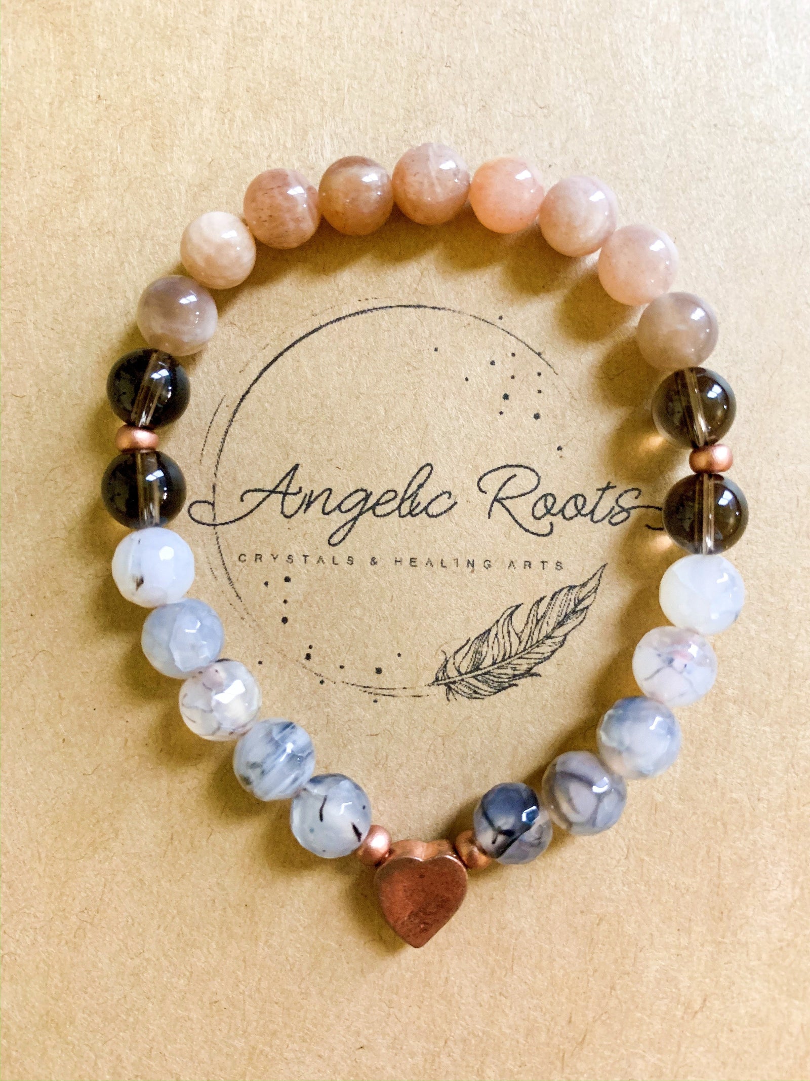 Peach Moonstone, Dragon Vein Agate, Smoky Quartz, and Copper Beaded Bracelet || Reiki Infused