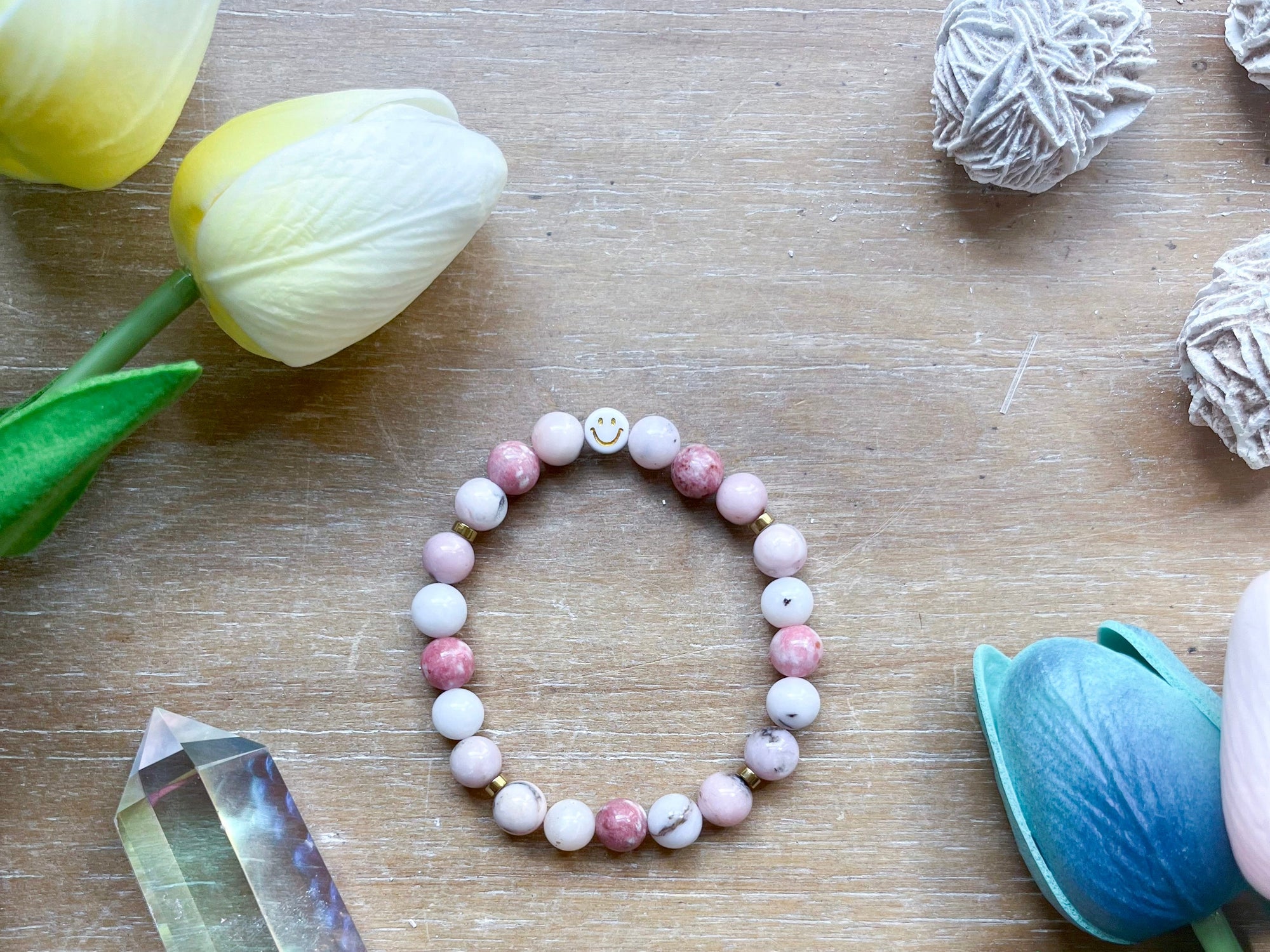 Pink Opal & Thulite Smiley Beaded Bracelet || Reiki Infused