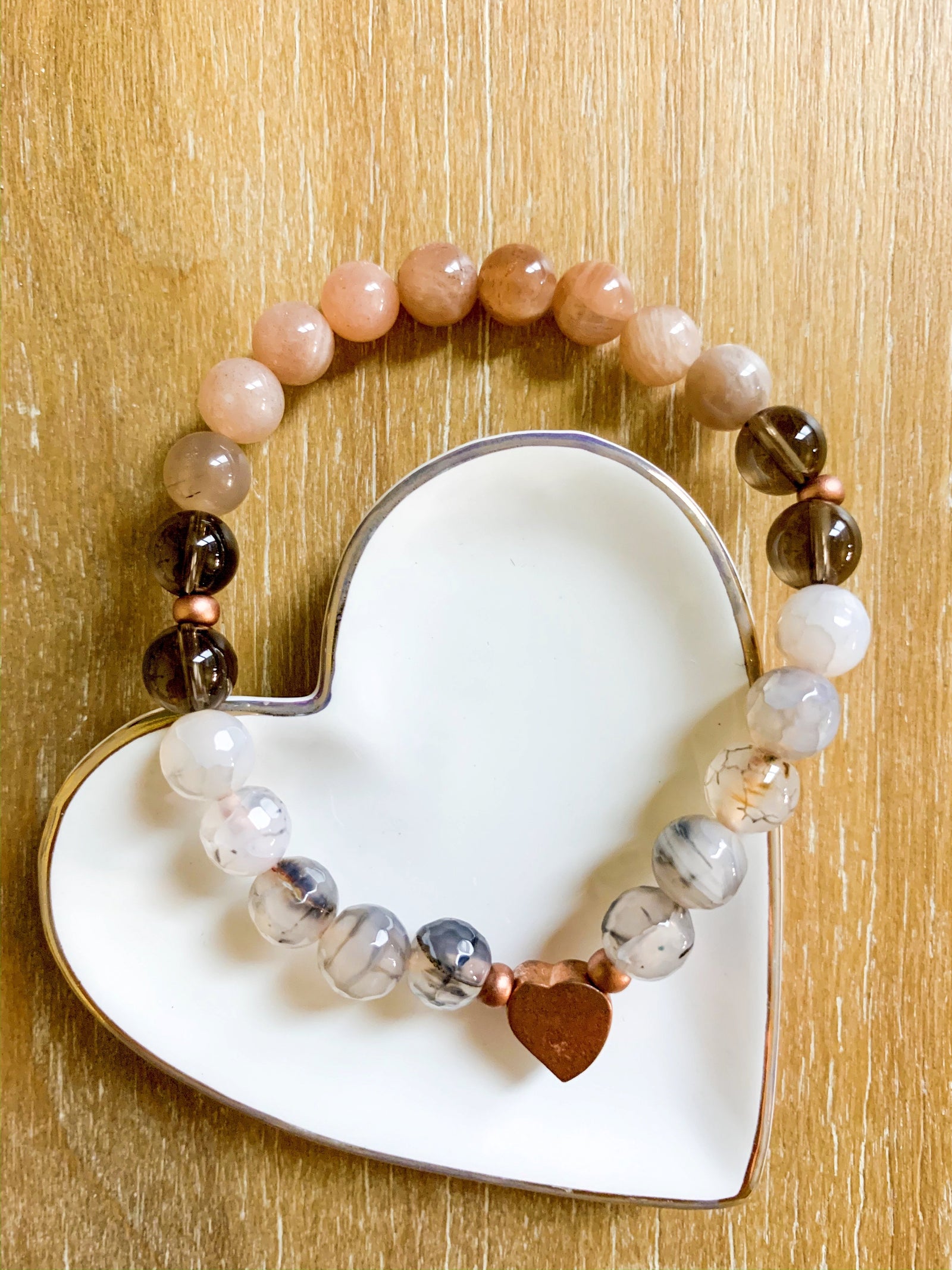 Peach Moonstone, Dragon Vein Agate, Smoky Quartz, and Copper Beaded Bracelet || Reiki Infused