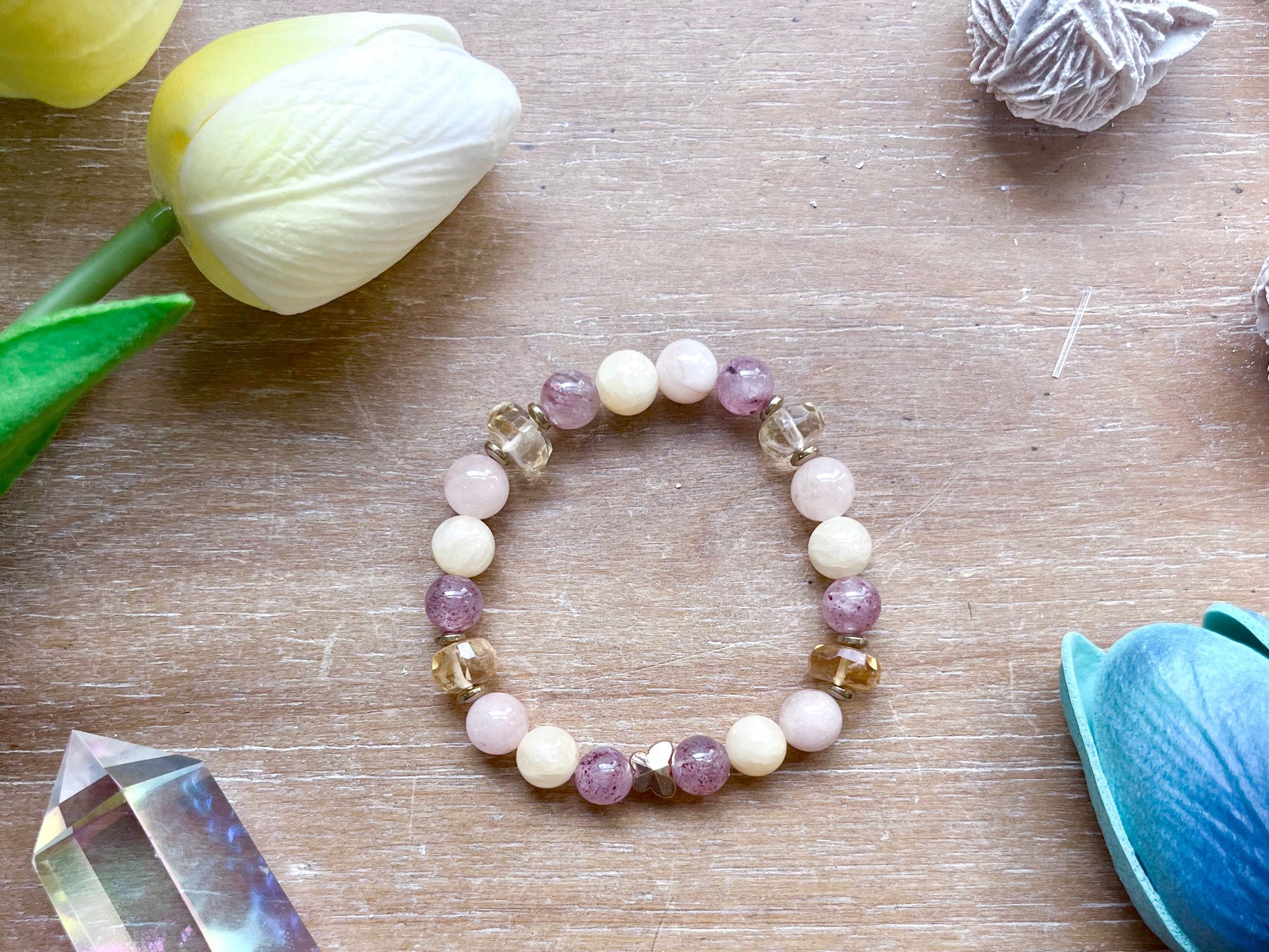 Morganite, Strawberry Quartz & Yellow Calcite with Gold Butterfly Beaded Bracelet || Reiki Infused