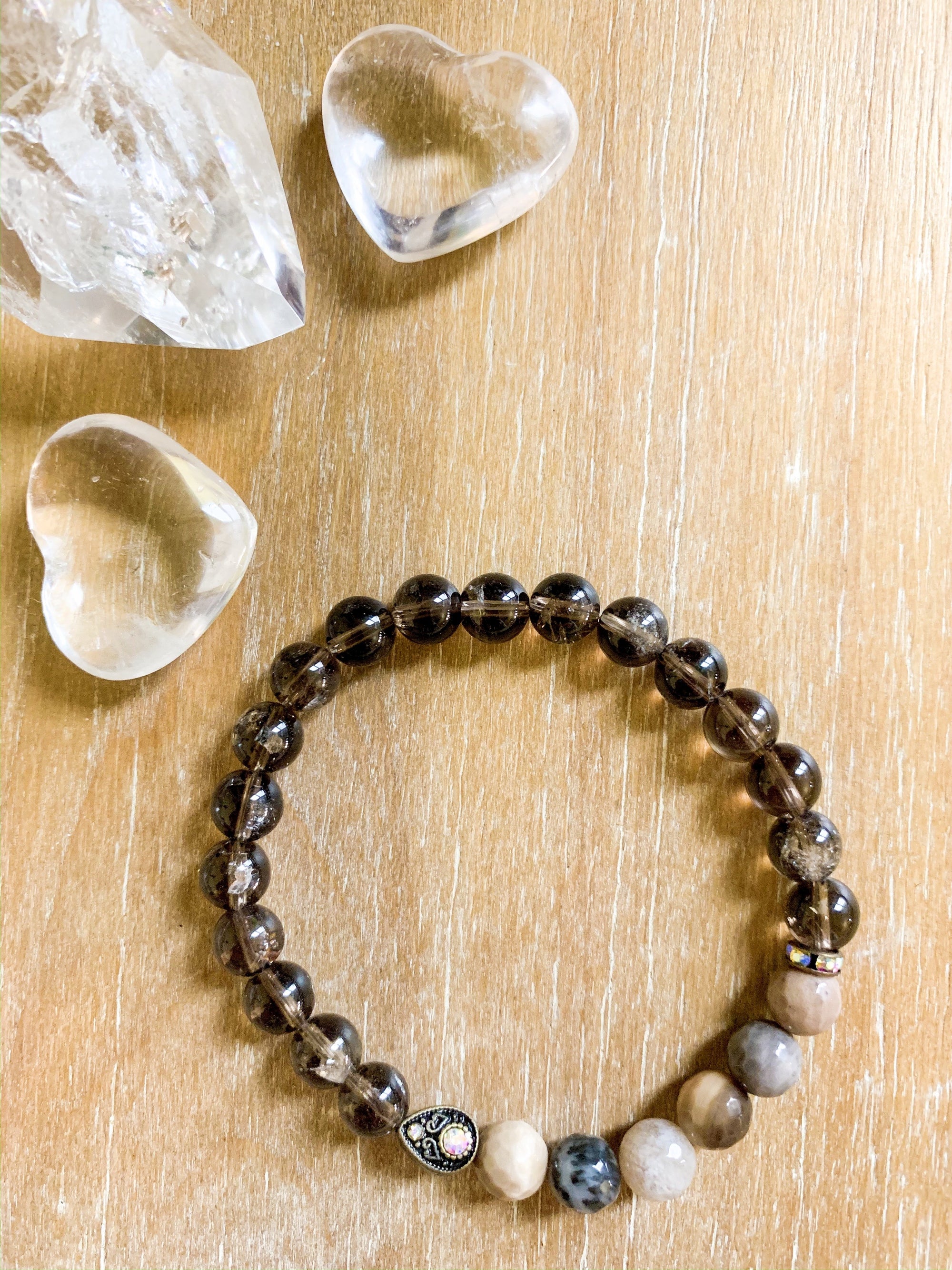 Petrified Wood & Smoky Quartz Beaded Bracelet || Reiki Infused