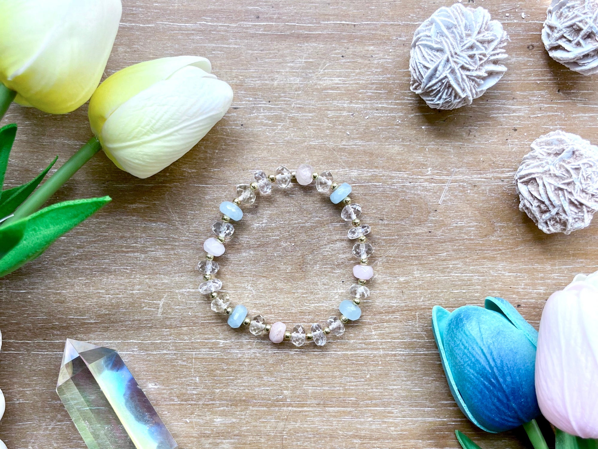 Aquamarine, Citrine, Clear & Rose Quartz Beaded Bracelet || Reiki Infused