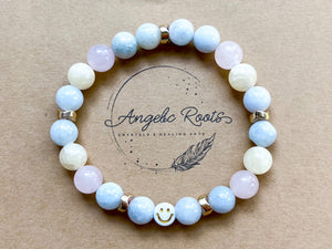 Aquamarine, Burmese Jade, Rose Quartz, Yellow Calcite Smiley Beaded Bracelet || Reiki Infused