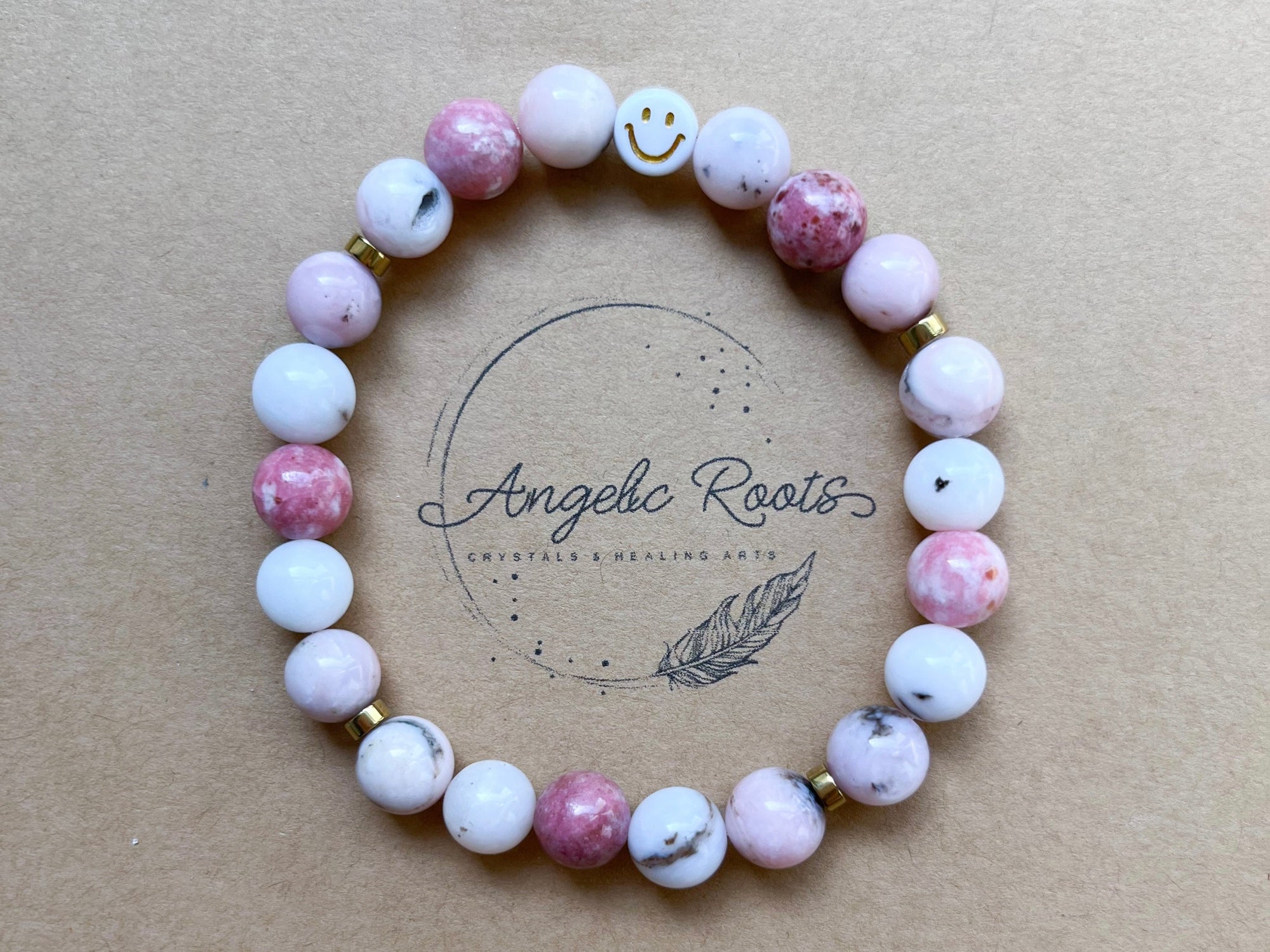 Pink Opal & Thulite Smiley Beaded Bracelet || Reiki Infused