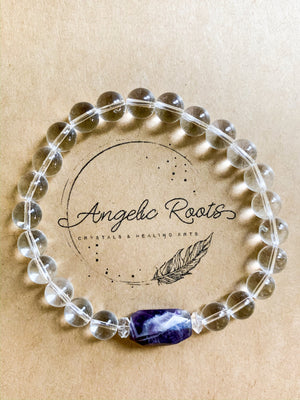 Chevron Amethyst & Clear Quartz Crystal Boho Bracelet || Reiki Infused