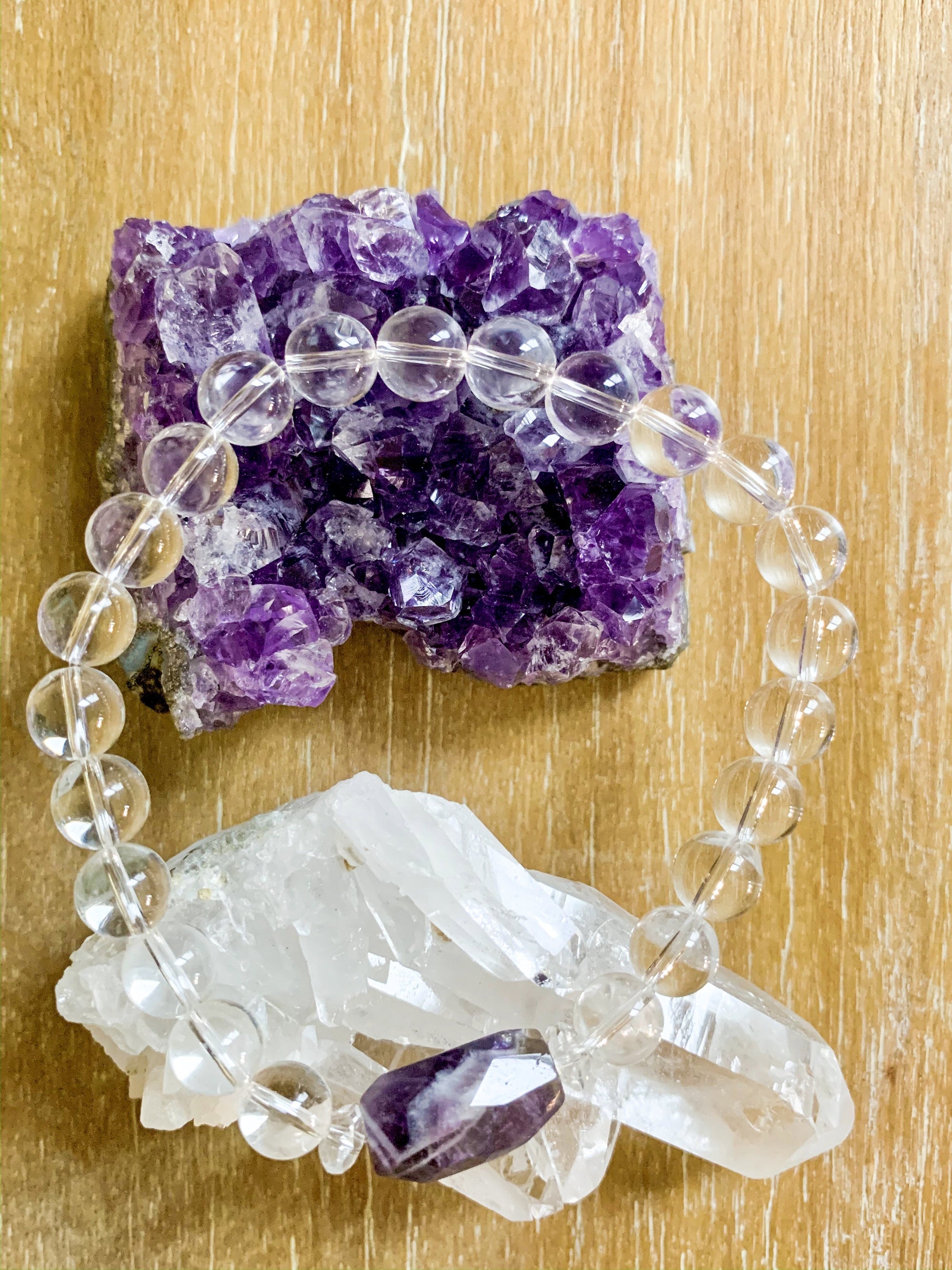 Chevron Amethyst & Clear Quartz Crystal Boho Bracelet || Reiki Infused