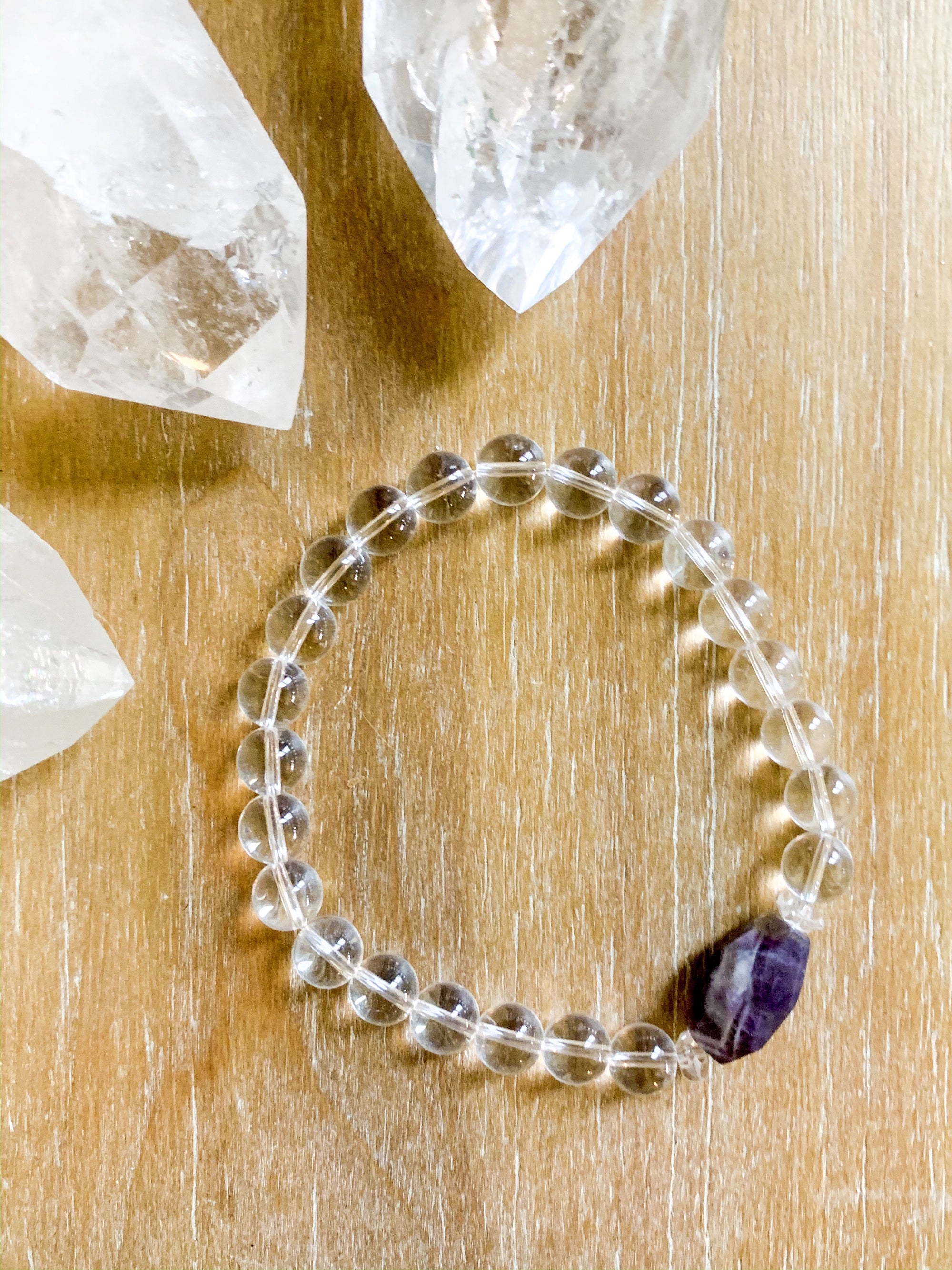 Chevron Amethyst & Clear Quartz Crystal Boho Bracelet || Reiki Infused