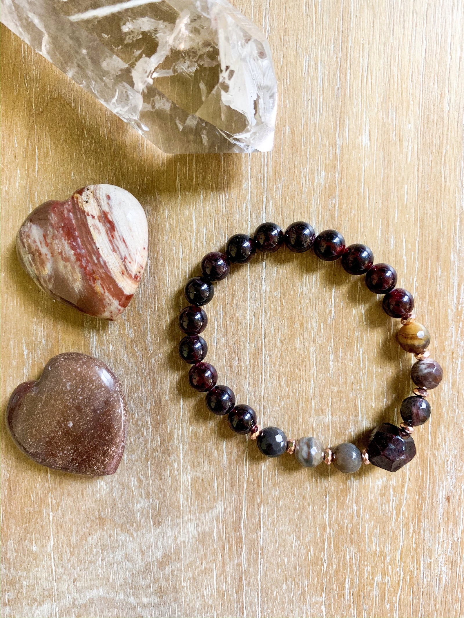Garnet & Petrified Wood Beaded Bracelet || Reiki Infused
