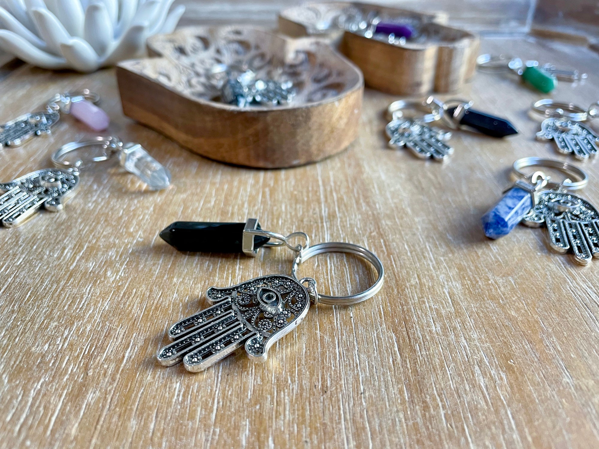 Hamsa & Crystal Point Key Chain