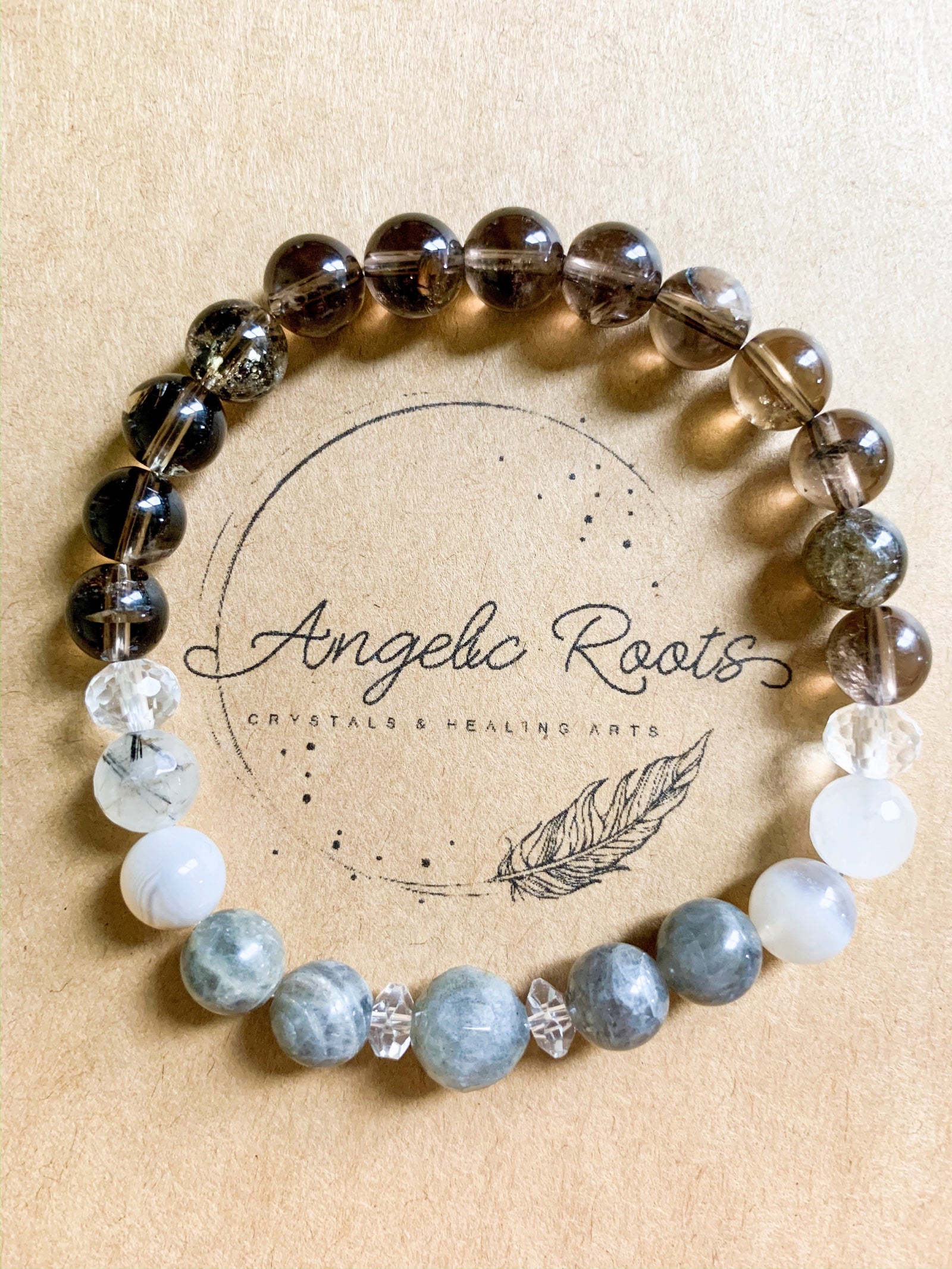 Smoky Quartz, Tourmalinated Quartz, Clear Quartz, Labradorite & Gray Agate Beaded Bracelet || Reiki Infused