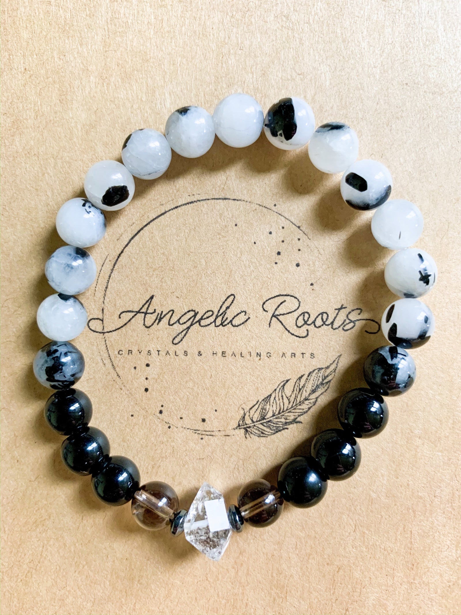 Onyx, Tourmalinated Quartz, Smoky Quartz, Herkimer Diamond Beaded Bracelet || Reiki Infused