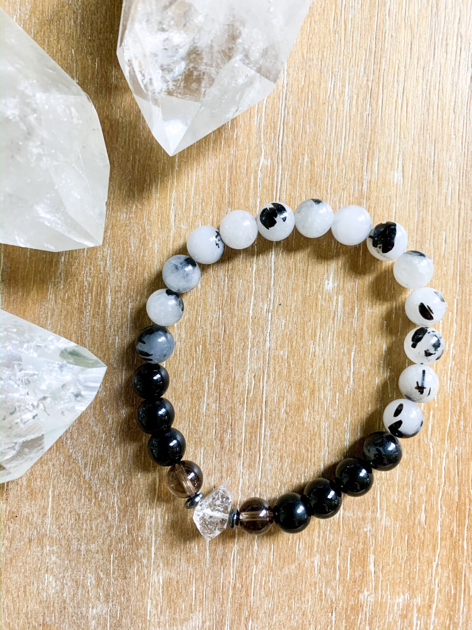 Onyx, Tourmalinated Quartz, Smoky Quartz, Herkimer Diamond Beaded Bracelet || Reiki Infused