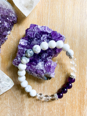 Amethyst, Howlite, & Clear Quartz Beaded Bracelet || Reiki Infused