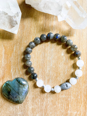Moonstone, Labradorite, & Druzy Quartz Beaded Bracelet || Reiki Infused