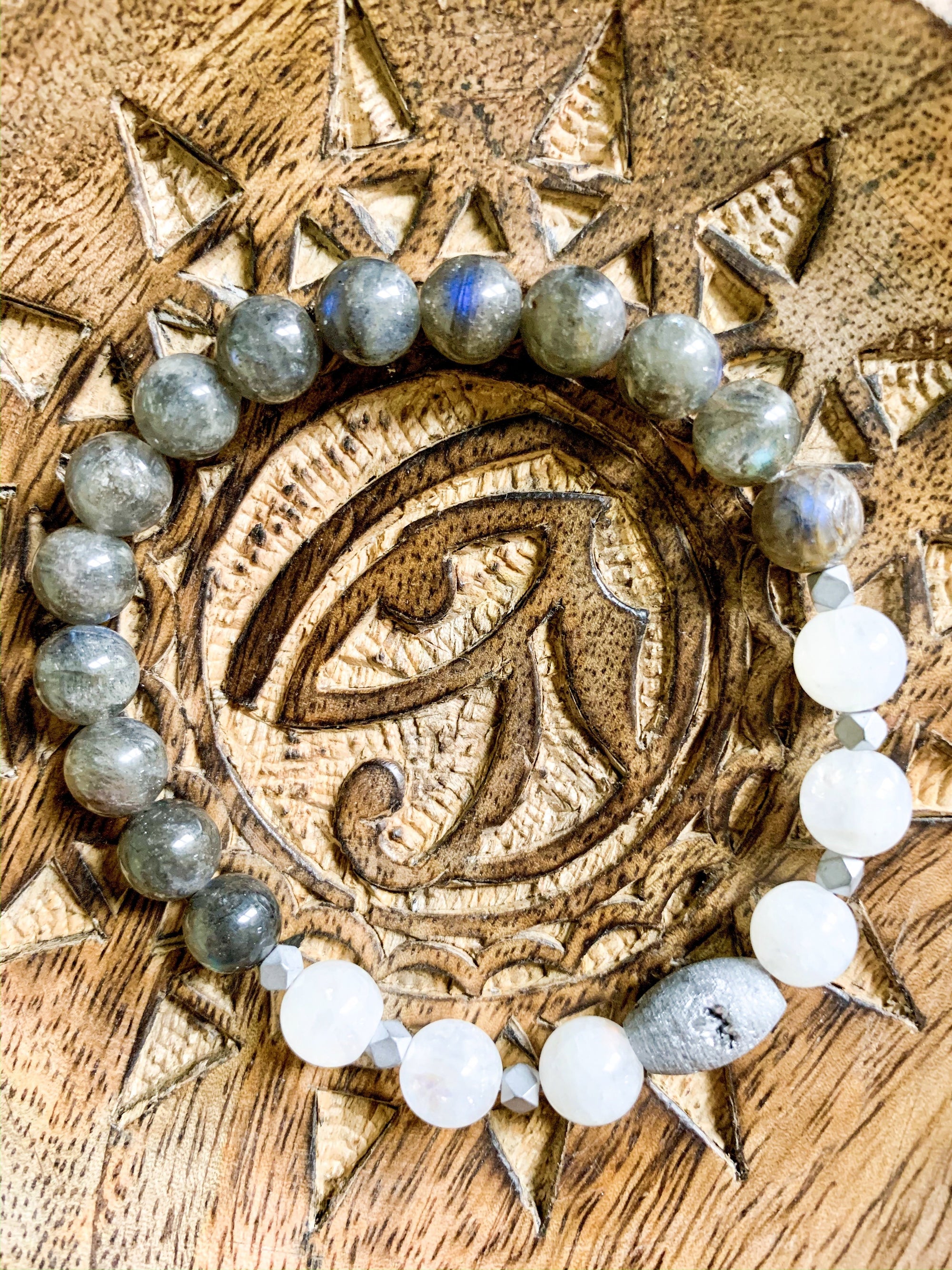 Moonstone, Labradorite, & Druzy Quartz Beaded Bracelet || Reiki Infused