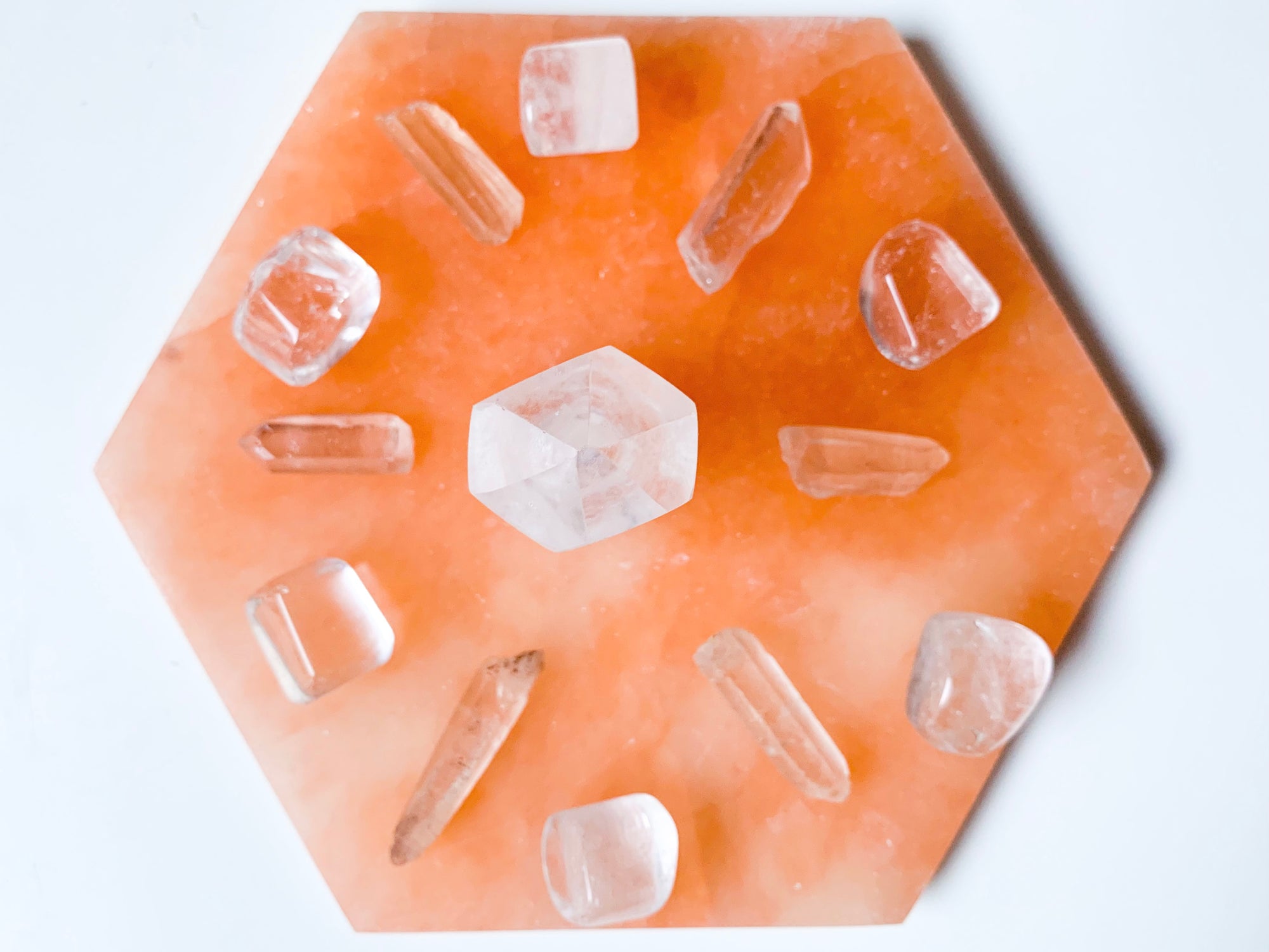 Peach Selenite Hexagon Charging Plate