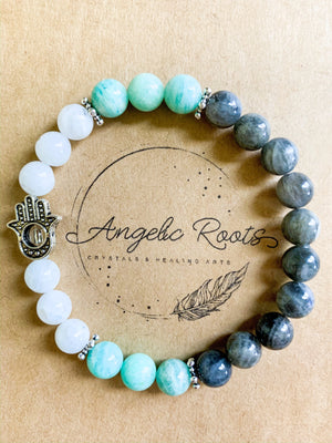 Moonstone, Labradorite, and Amazonite Beaded Bracelet with Hamsa Charm || Reiki Infused