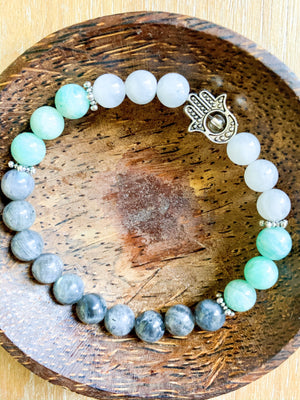 Moonstone, Labradorite, and Amazonite Beaded Bracelet with Hamsa Charm || Reiki Infused