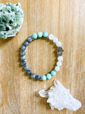 Moonstone, Labradorite, and Amazonite Beaded Bracelet with Hamsa Charm || Reiki Infused