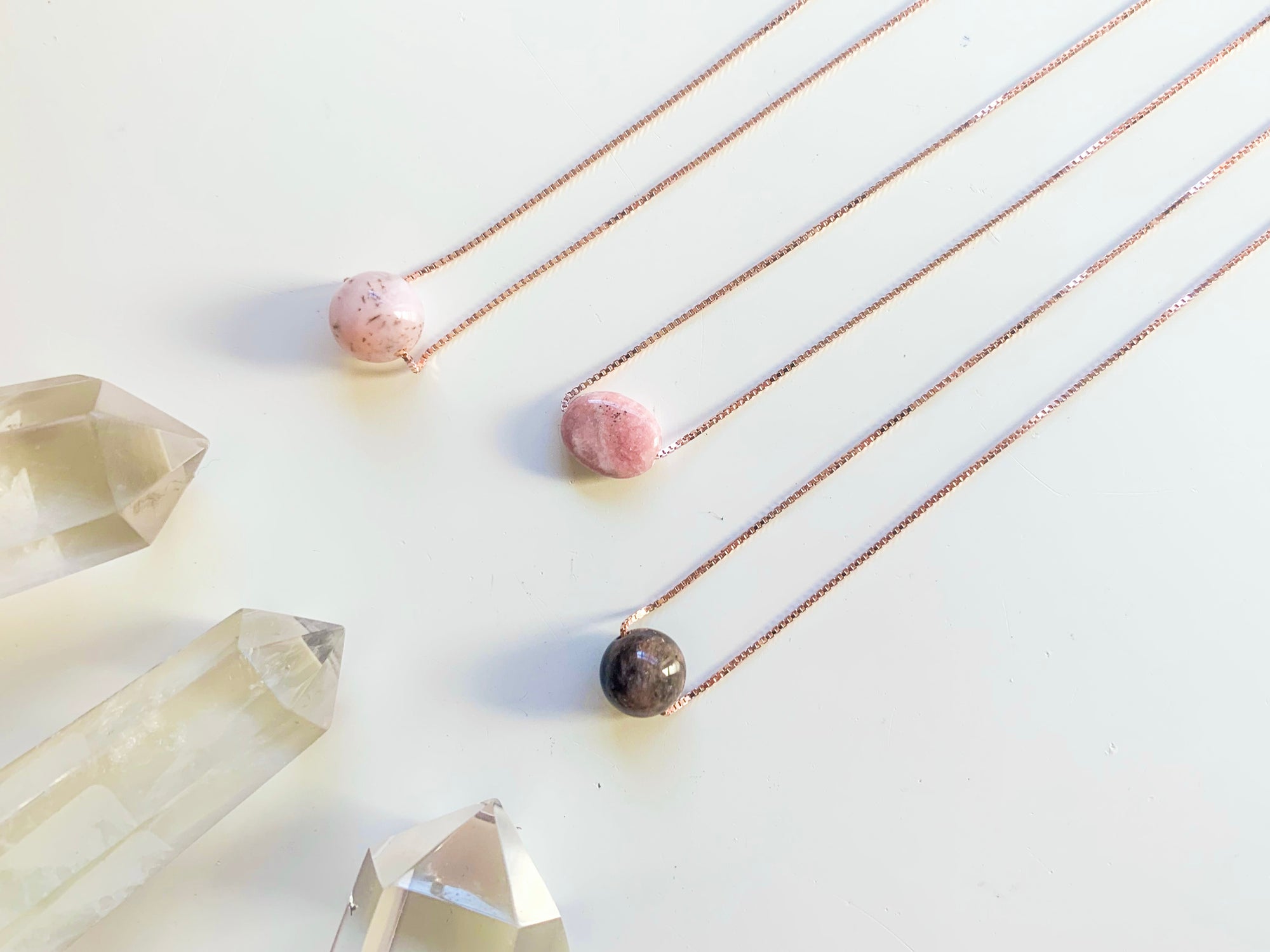  Pink Opal, Rhodochrosite, Gray Moonstone - Dainty Sterling Rose Gold Necklace