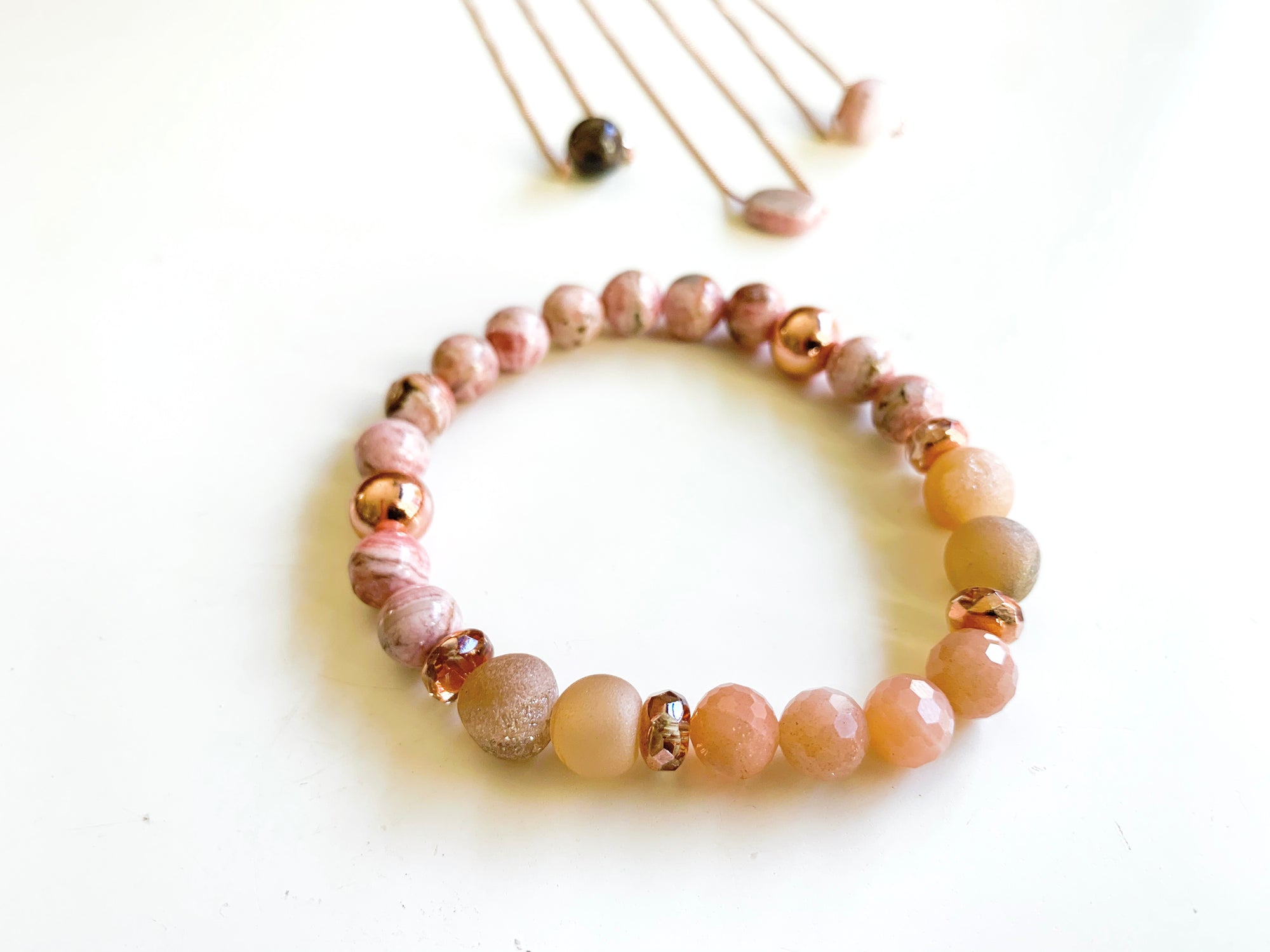 Rhodochrosite, Peach Moonstone & Druzy Quartz Bracelet with Copper Accents || Reiki Infused