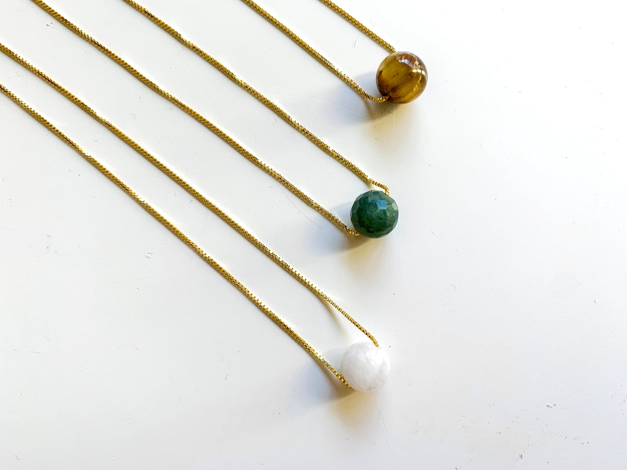 Moonstone, Jade, Blue Tiger Eye - Dainty Sterling Silver Gold Necklace