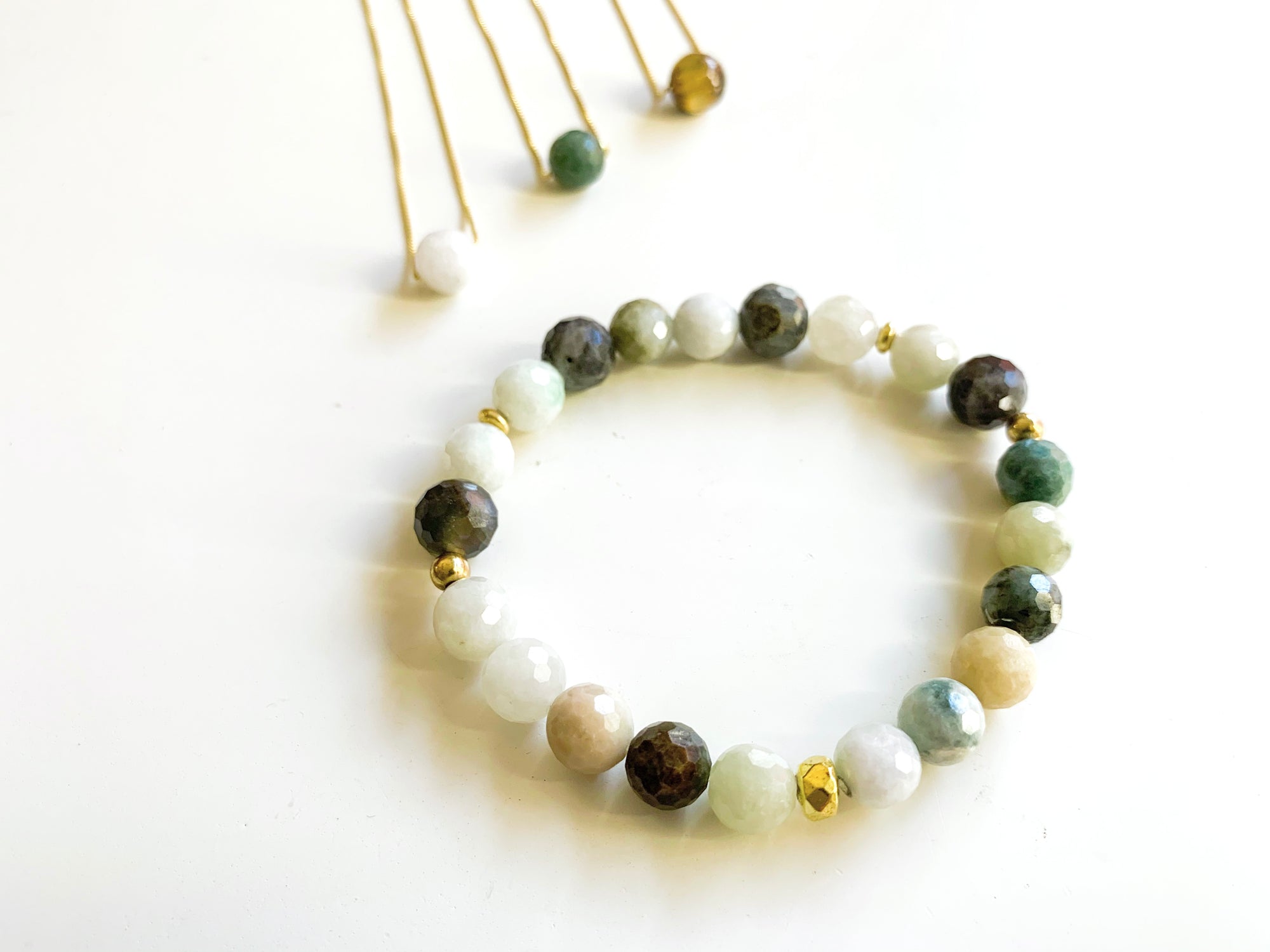 Burmese Jade & Labradorite Bracelet with Gold Accents || Reiki Infused