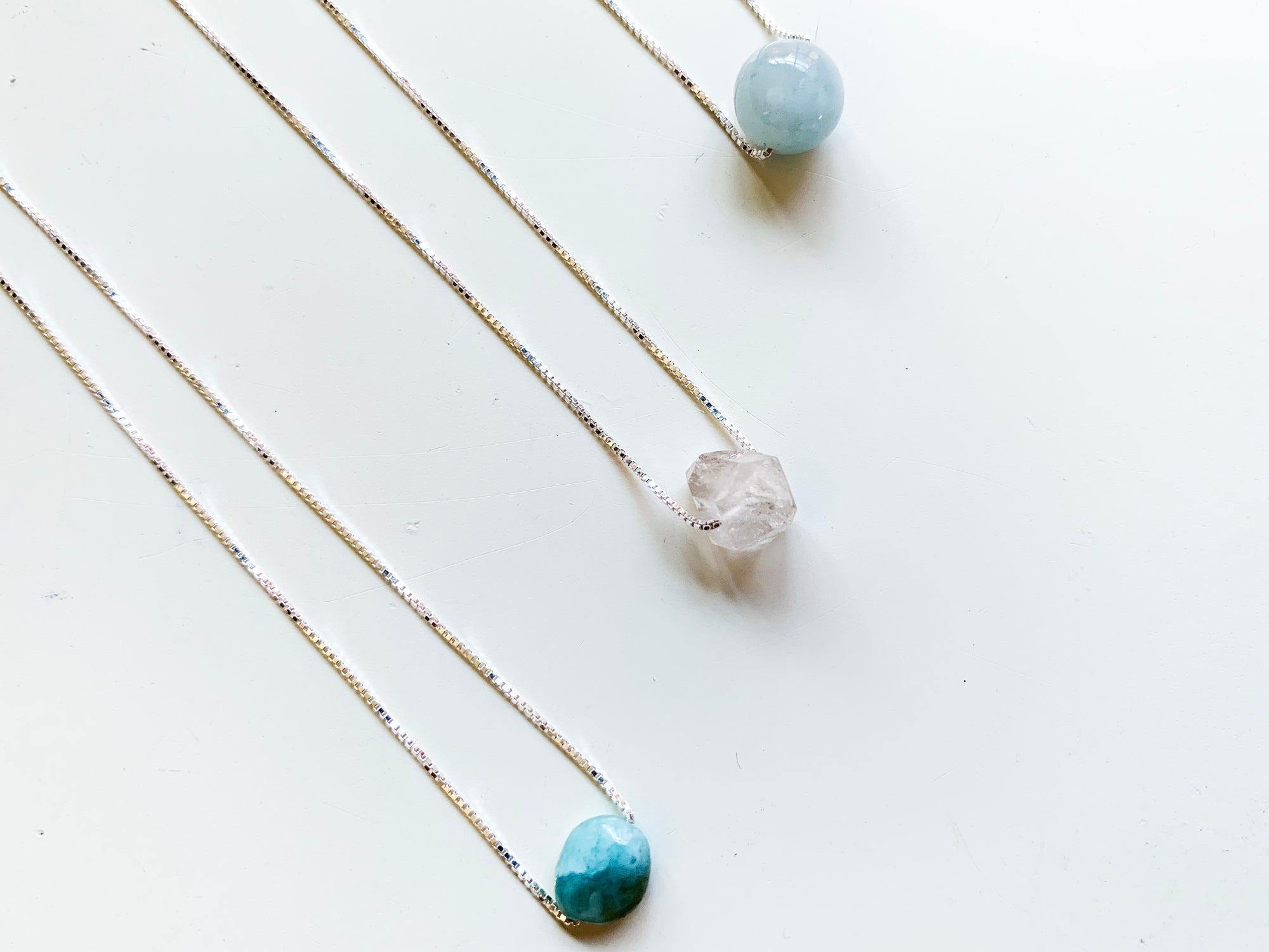 Larimar, Herkimer Diamond, Aquamarine - Dainty Sterling Silver Necklace