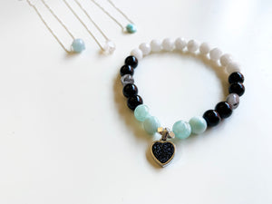 Green Angelite, Black Tourmaline, Tourmalated Quartz, Faceted Moonstone Bracelet with Druzy Quartz Heart Charm