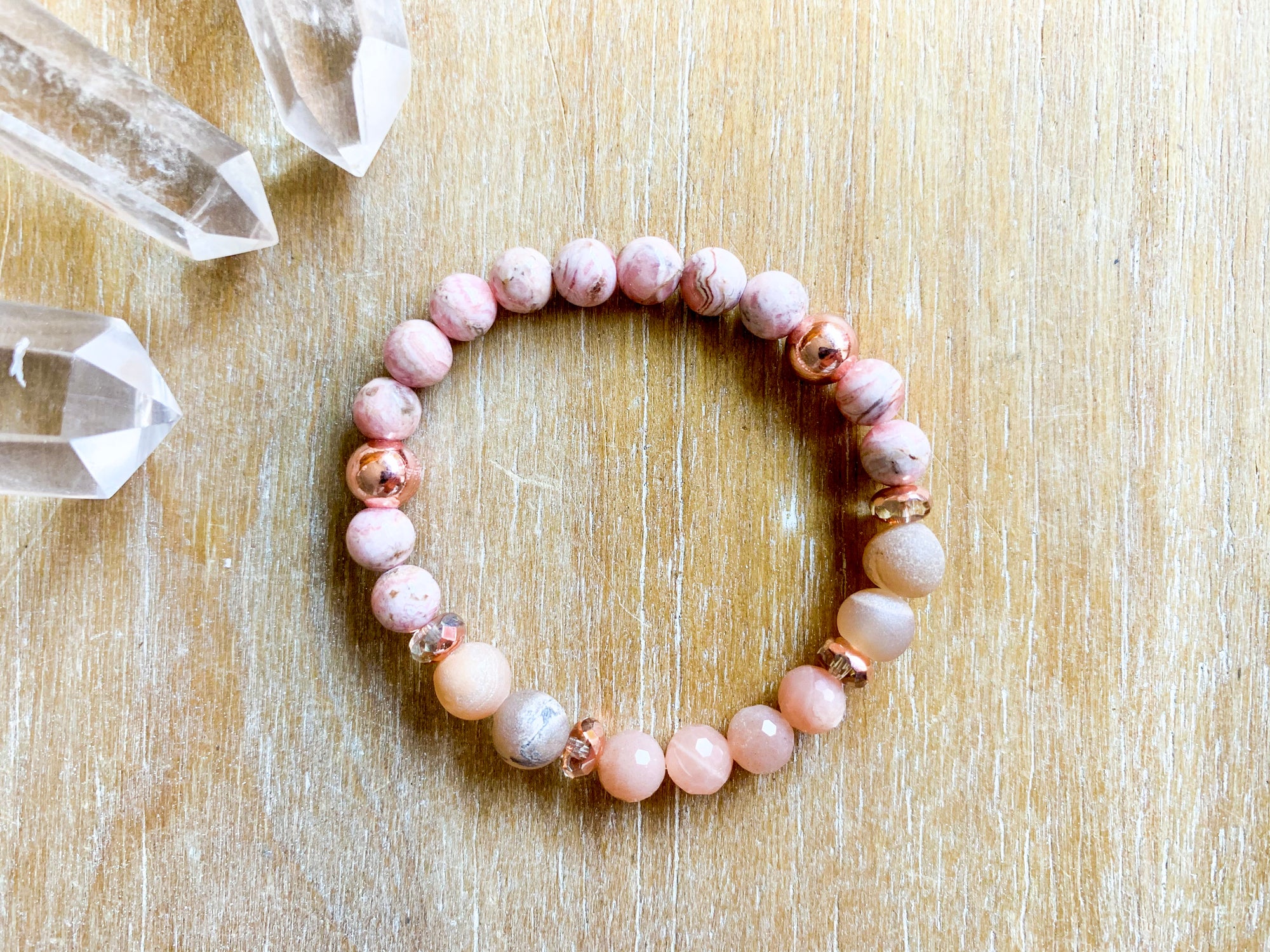 Rhodochrosite, Peach Moonstone & Druzy Quartz Bracelet with Copper Accents || Reiki Infused