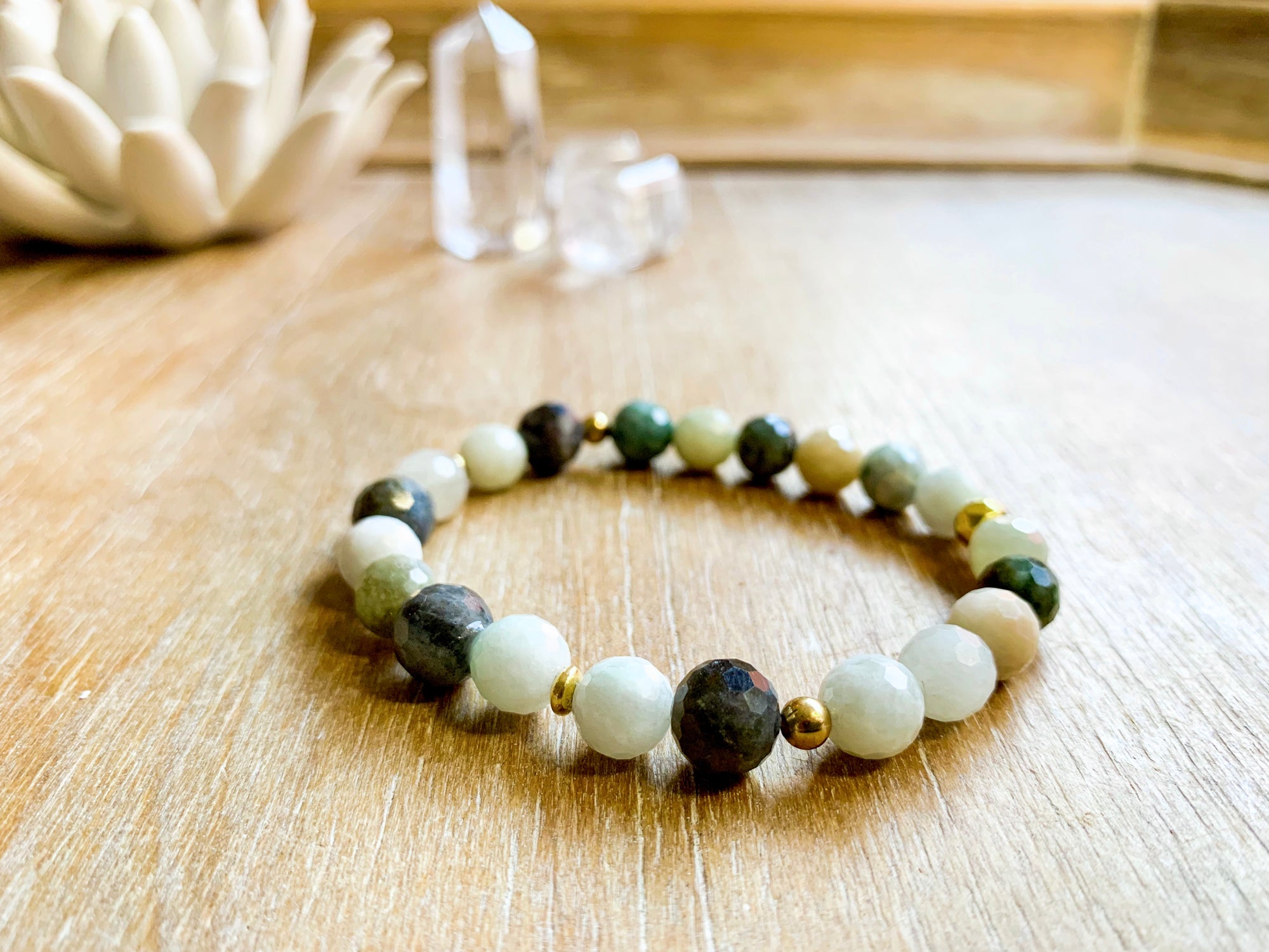 Burmese Jade & Labradorite Bracelet with Gold Accents || Reiki Infused