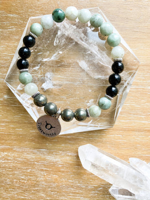 TAURUS Burmese Jade, Tourmaline, Pyrite Beaded Bracelet || Reiki Infused
