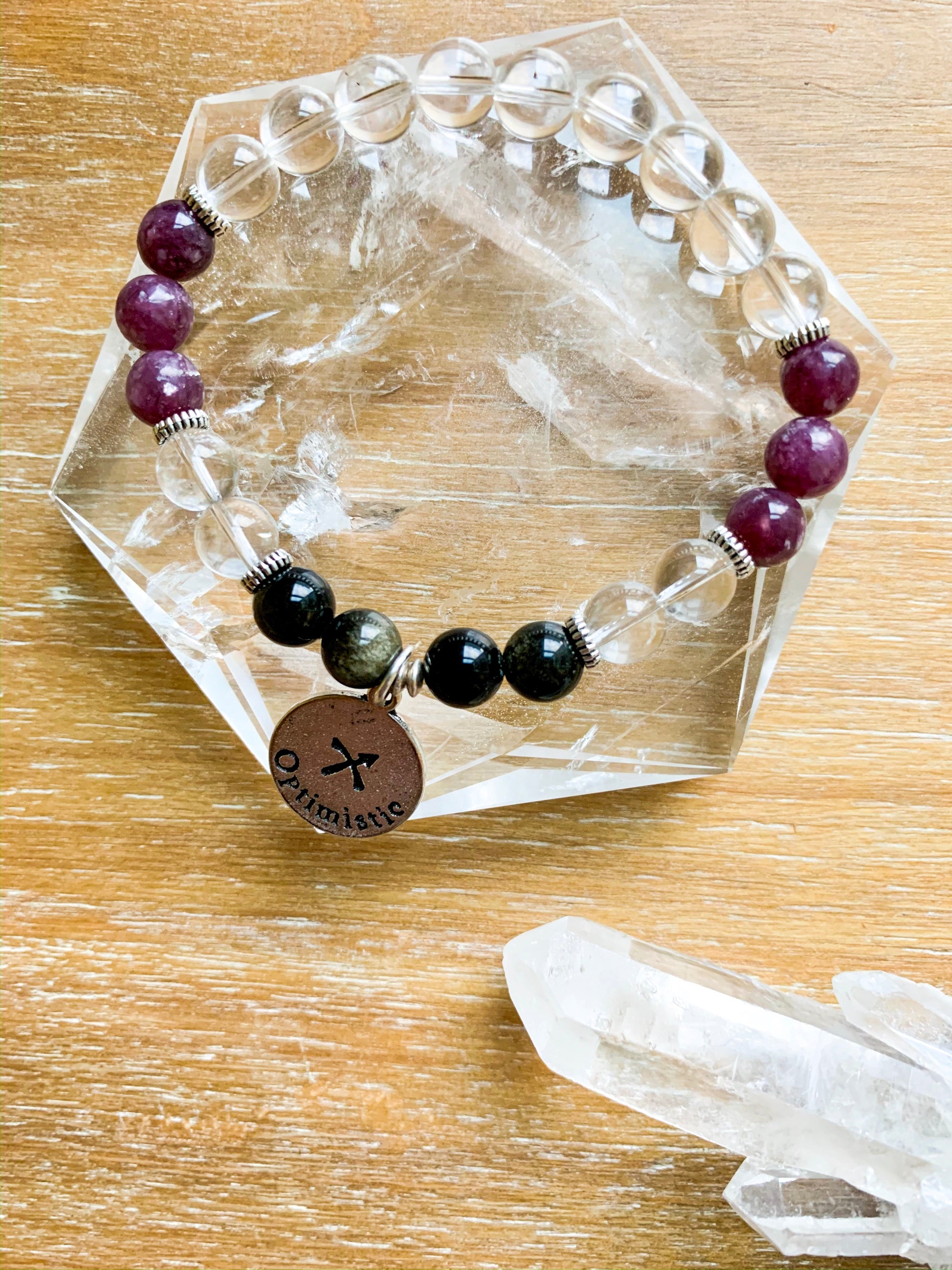 SAGITTARIUS Clear Quartz, Lepidolite, Golden Sheen Obsidian Beaded Bracelet || Reiki Infused