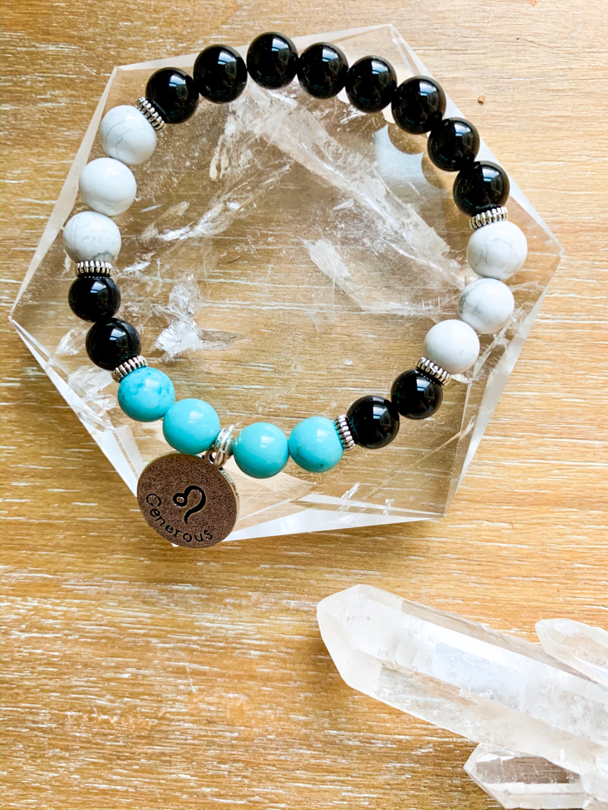 LEO Onyx, Howlite, Turquoise Beaded Bracelet || Reiki Infused