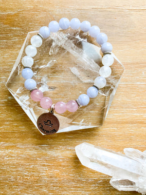 LIBRA Blue Lace Agate, Moonstone, Rose Quartz Beaded Bracelet || Reiki Infused