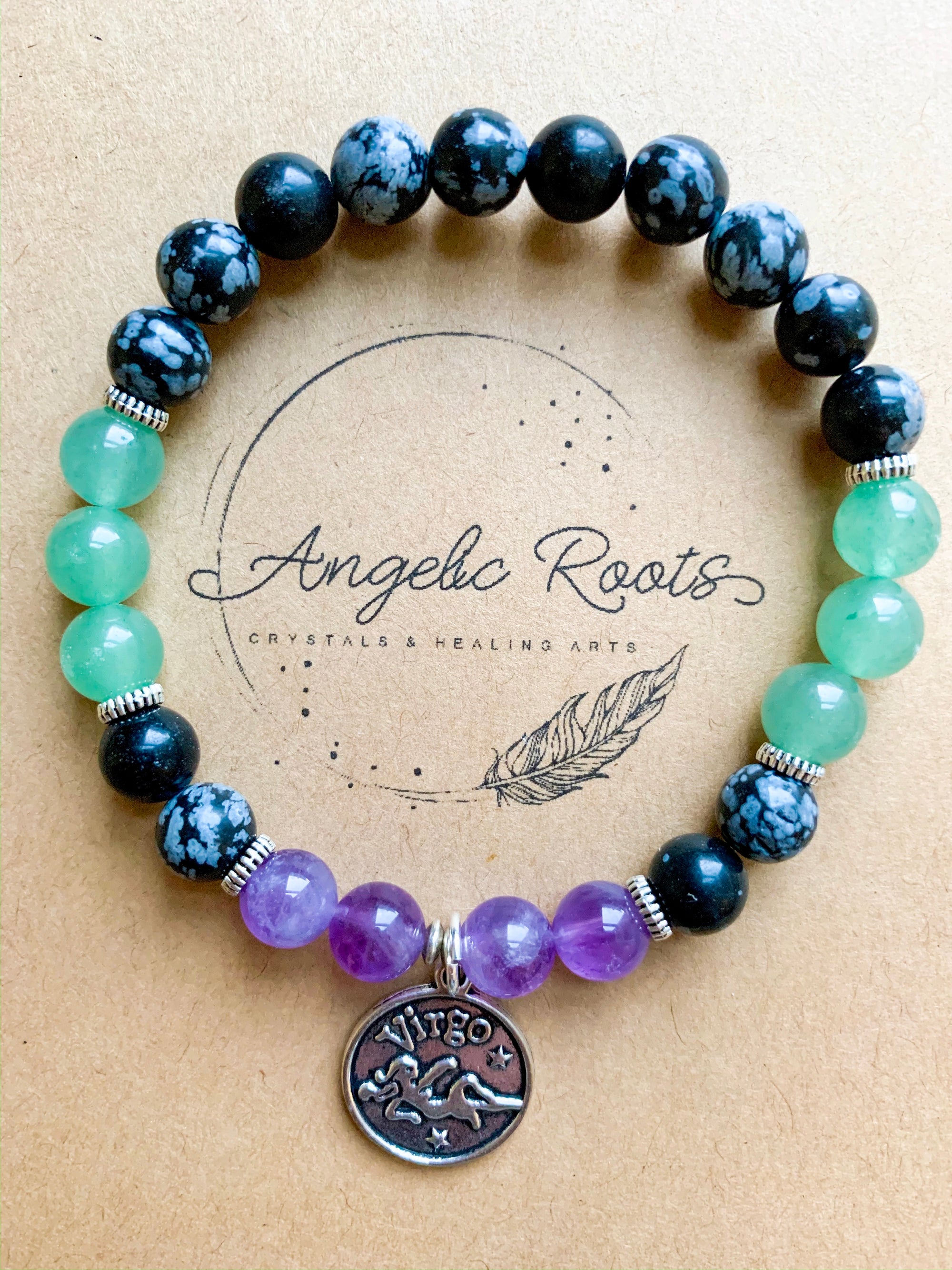 VIRGO Snowflake Obsidian, Green Aventurine, Amethyst Beaded Bracelet || Reiki Infused