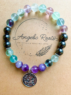 CAPRICORN Fluorite, Amethyst, Hematite Beaded Bracelet || Reiki Infused