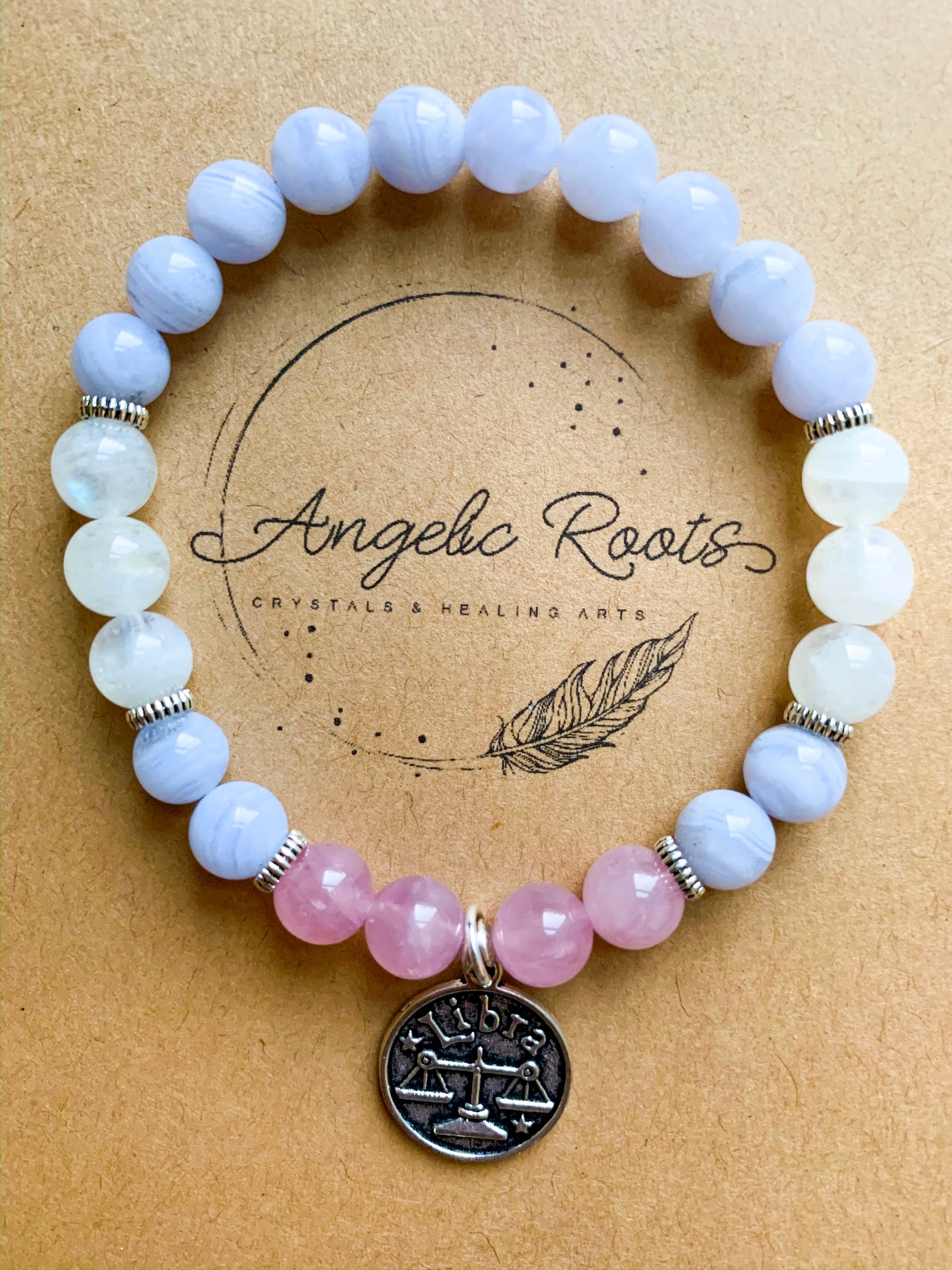 LIBRA Blue Lace Agate, Moonstone, Rose Quartz Beaded Bracelet || Reiki Infused