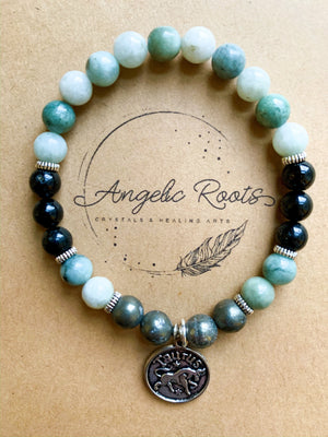 TAURUS Burmese Jade, Tourmaline, Pyrite Beaded Bracelet || Reiki Infused